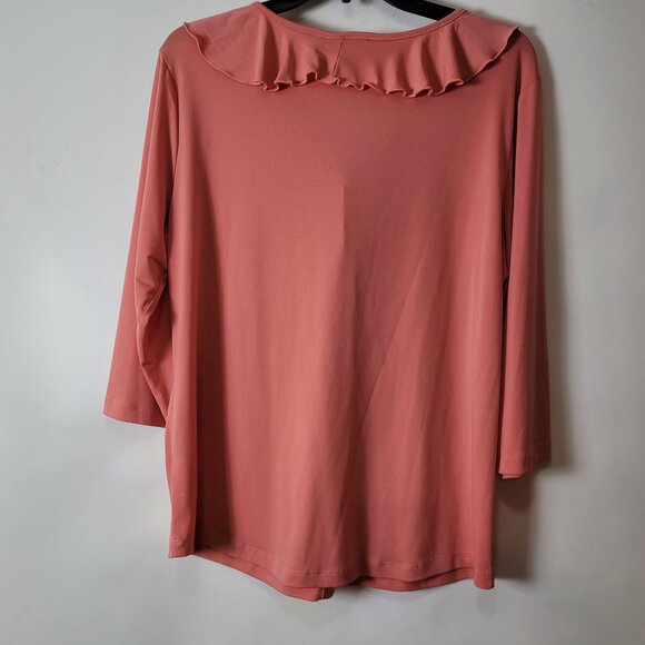 Southern Lady Pink Ruffled V-Neck Blouse W/Tie Front & 3/4 Sleeves Med. - Picture 7 of 13
